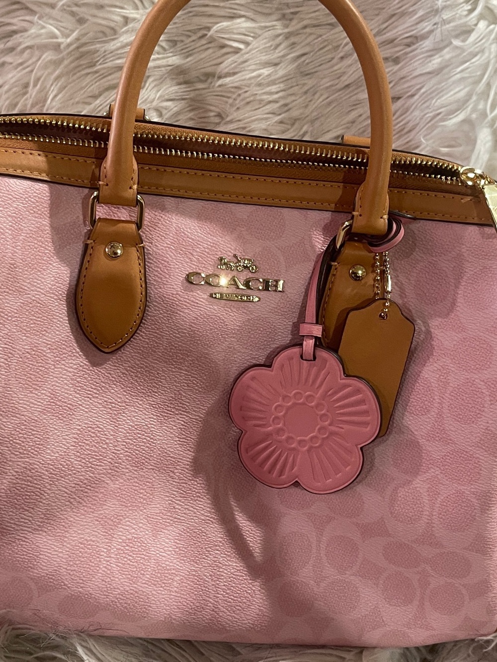 Coach Pink Signature Canvas Satchel with Tan Leather Trim and Floral Charm